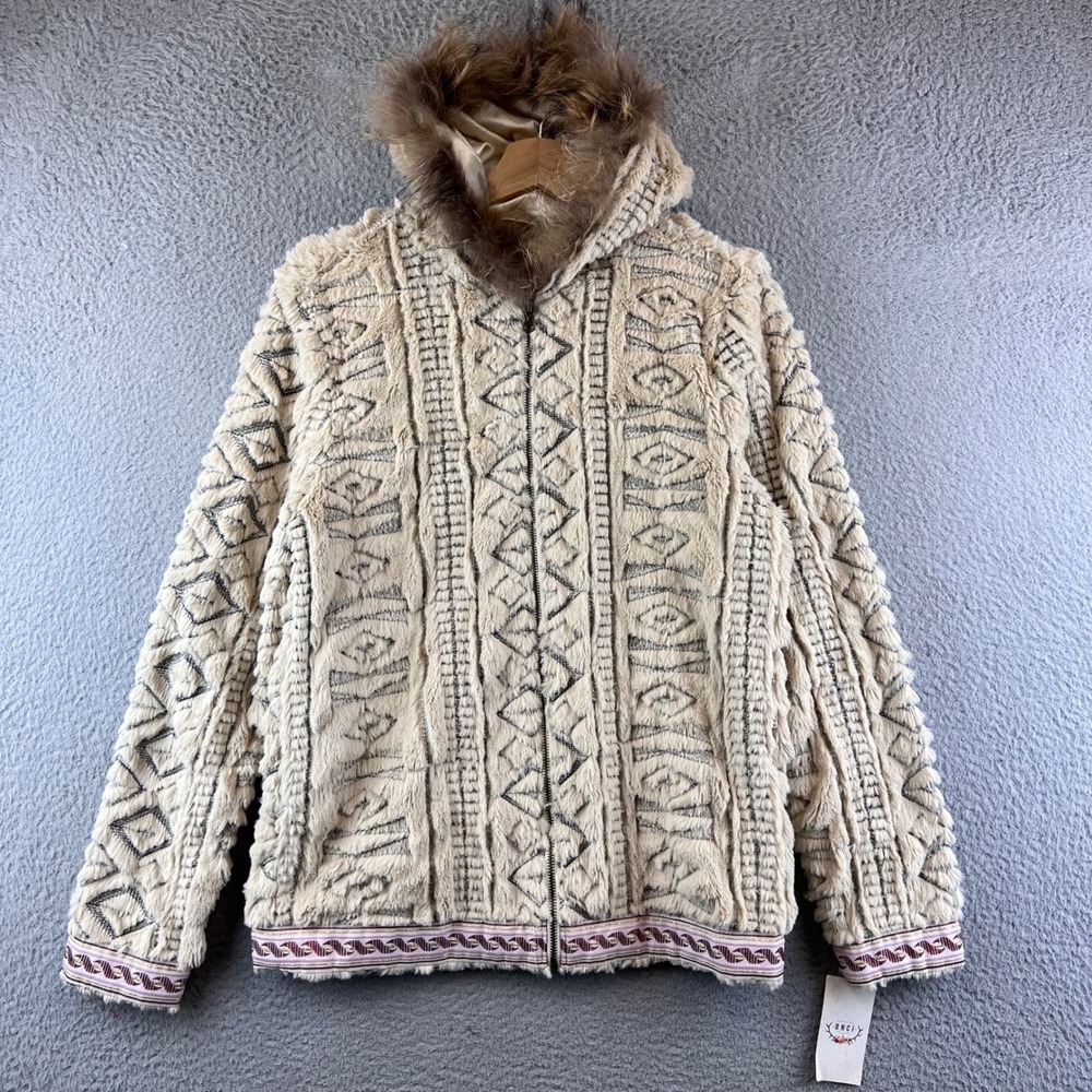 New Womens Faux Fur Hooded Jacket BNCI  Beige Aztec Patterned Full Zip Coat‎